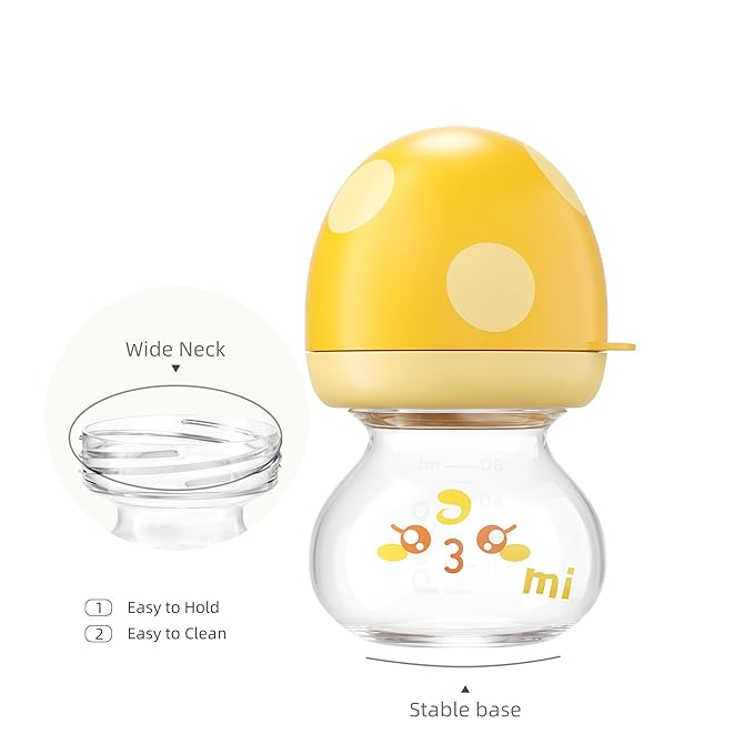 YOHKOH Newborn Glass Baby Bottles with Slow Flow Nipple for 0+ Months, Wide Neck Feeding Bottle, 2.7oz/80ml (Yellow, 2.7oz (Pack of 2))