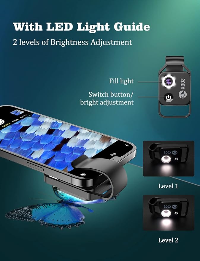 Phone Microscope with CPL Lens/LED Light, Nano Zoom 200X Pocket Microscope Camera Attachment with Universal Clip for Most iPhone/Andriod Phone - The Best Gift to Enjoy Microworld for Kids and Adults