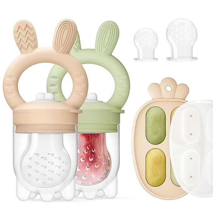 2 Packs Baby Fruit Feeder & Freezer Nibble Tray Combo, Push Pop Baby Food Feeder to Safely Introduce New Foods, Fresh & Frozen Food Silicone Feeder, 100% Food Grade, BPA Free (Caramel & Olive)
