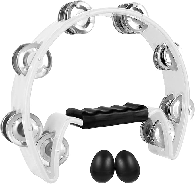 EastRock Tambourine,Metal Jingles Hand Held Percussion Half-Moon Tambourine and Egg Shakers for Kids, Adults, KTV, Party White