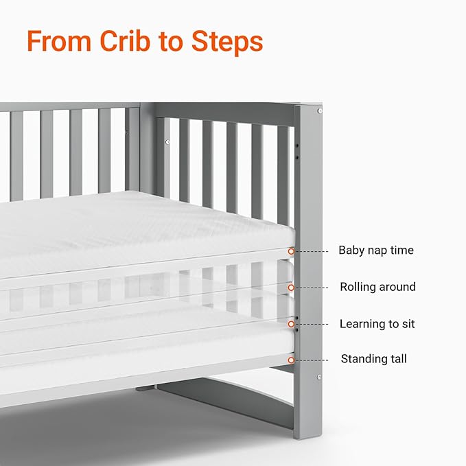 EvoNest Baby Crib, 11 in 1 Convertible Mini Crib with Wheels, 100% New Zealand Wood Growing Bed, 4 Adjustable Mattress Height,Grey