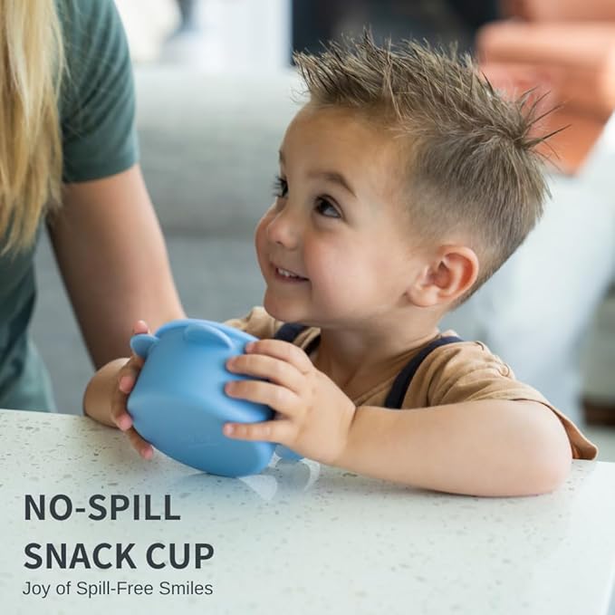 Silicone No Spill Snack Cups for Toddlers – Portable Baby Snack Cup Containers with Dustproof Lid – Dishwasher-Friendly Toddler Spill Proof Cups Without BPA, Lead, or Phthalates – Blue and Beige