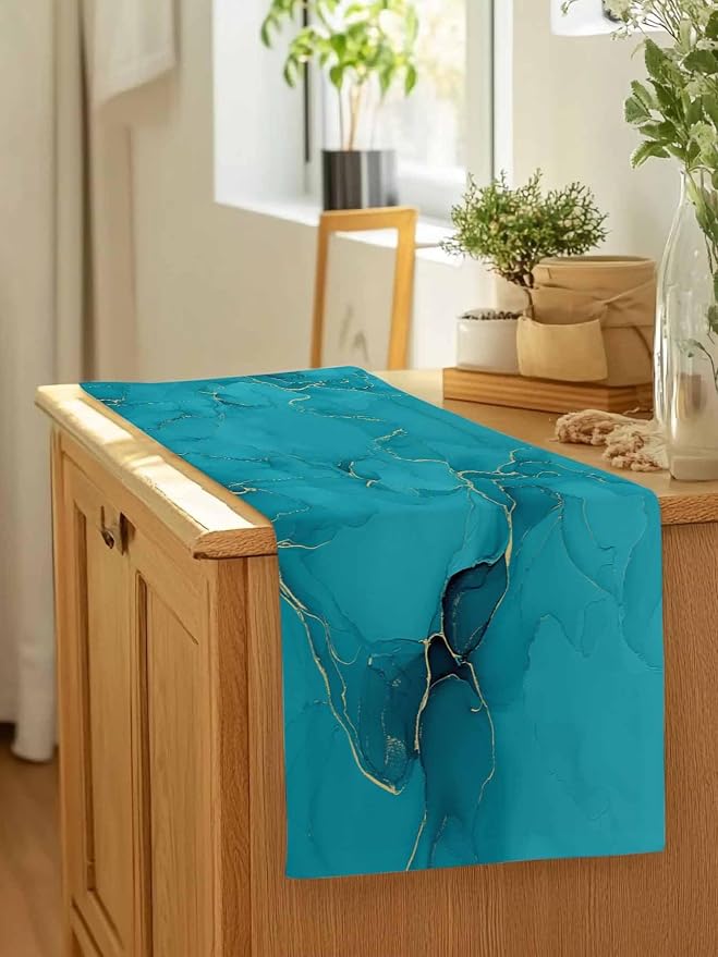 Teal Marble Table Runners 72 Inches Long, Turquoise Marble Crack Table Runner - Image 7