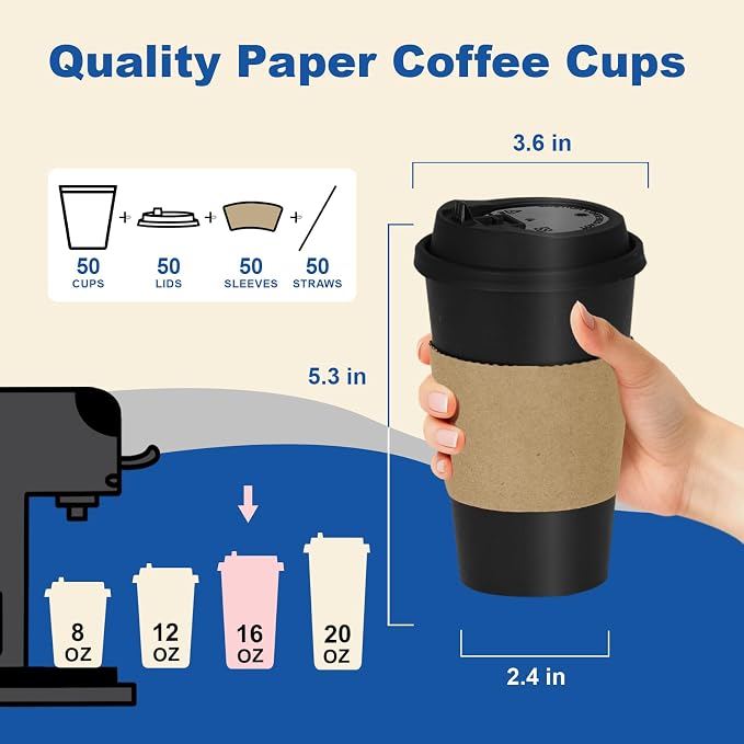 16 oz 50 Pack Coffee Cups with Lids and Sleeves, Hot Disposable To Go Travel - Image 3