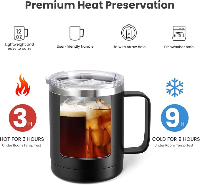MEWAY 12oz Coffee Mug With Handle and Sliding Lid, Stainless Steel Travel - Image 3