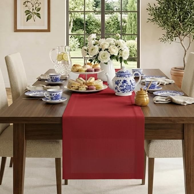 Classic Linen™ by D'Moksha Red Table Runner 108 Inches Long, 100% Pure Linen by DMokshaHomes