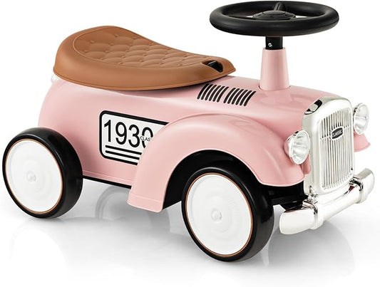 HONEY JOY Ride On Push Car, Outdoor Toddler Riding Toys w/Steering Wheel, Horn & Storage, Foot-to-Floor Sliding Car, No Batteries, Retro Baby Ride On Toys for Boys and Girls (Pink)