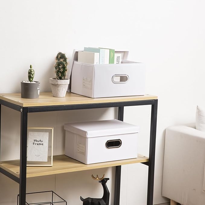 PRANDOM Collapsible Storage Box with Lid [3-Pack] Leather Fabric Foldable Storage Bin Organizer Container Basket Cube with Cover for Home Bedroom Closet Office Nursery White(13.6x9.6x6.9)