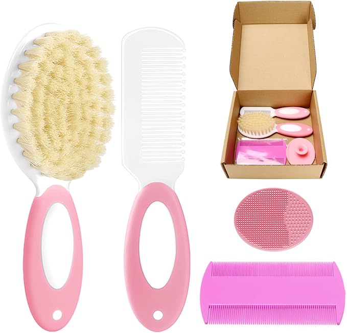 Baby Hair Brush and Comb Set, 4Pcs Baby Soft Bristles Brush Cradle Cap Brush Hair Comb for Newborns Toddlers Boys Girls (Pink)