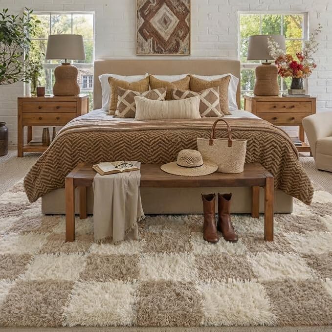 PureCozy Beige 5x7 Area Rugs for Living Room Soft Shag Checkered Large Rug - Image 3