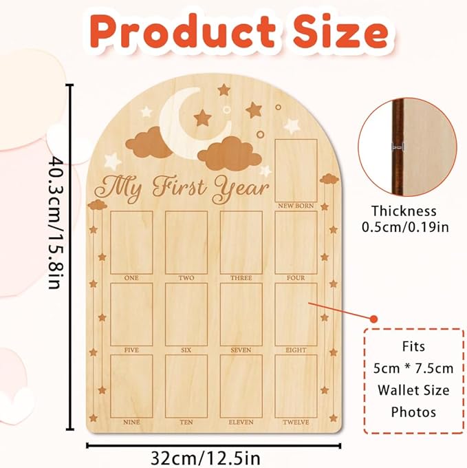 ORIGACH My First Year Baby Growth Photo Display Wood Board - 12 Months Newborn Milestones Photo Board - Neutral Baby Keepsake Frame 1st Birthday Party Nursery Decor New Mom Gift - Moon Star & Cloud
