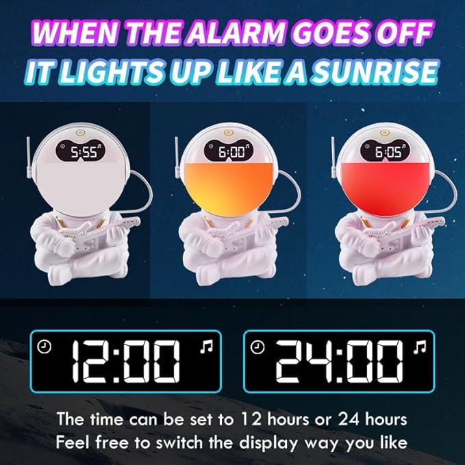 Astronaut Kids Sunrise Alarm Clock, 7 Dimmable Light Wake Clock for Teens, White Noise Bluetooth Speaker with 9 Soothing Sounds, Best Modern Alarm Clock for Heavy Sleepers, Adults, Boys in Bedroom