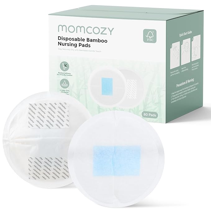 Momcozy Bamboo Disposable Nursing Pads, Advanced Blue Core for Ultra-Absorbent, Leakproof & 3D Design, Biodegradable for Sensitive Skin, Individually Wrapped, 80 Count