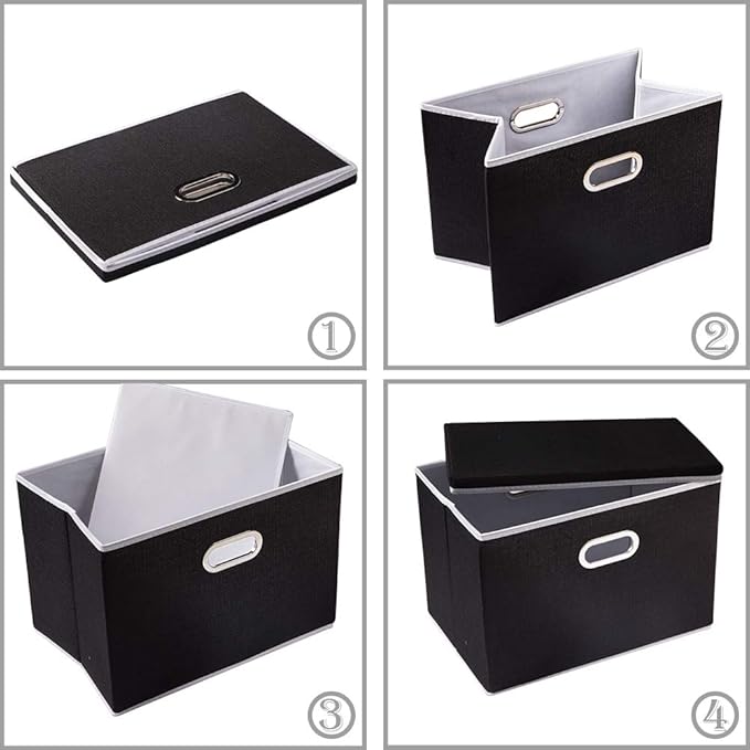 PRANDOM Foldable Storage Bin with Lid [5-Pack] Linen Fabric Decorative Storage Box Organizer Container Basket Cube with Handles Divider for Closet Office Living Room Black(14.9x9.8x9.8)