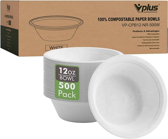 Vplus 500 Pack 12 OZ Compostable Paper Bowls, Bagasse Bowls Bulk，White | by Vplus