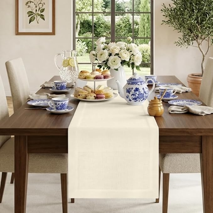 Classic Linen™ by D'Moksha Ivory Table Runner 108 Inches Long, 100% Pure Linen by DMokshaHomes