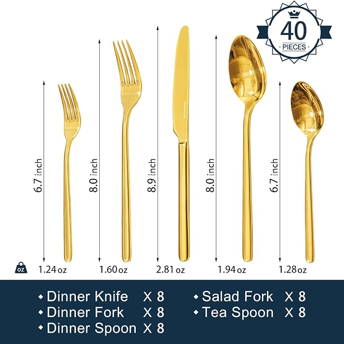 Gold Silverware Set, 40 Piece Flatware Cutlery Set - Image 2