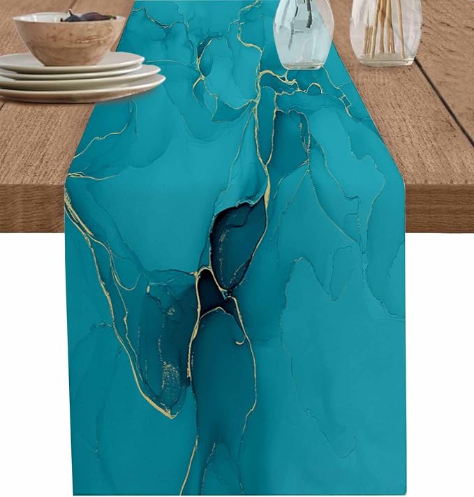 Teal Marble Table Runners 120 Inches Long, Turquoise Marble Crack Table Runner by Unknown