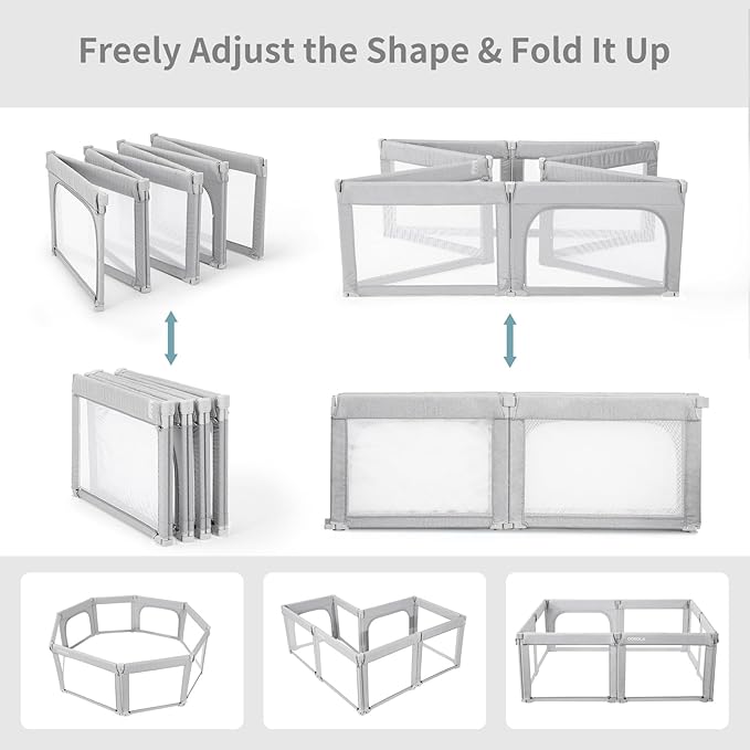 Foldable Baby Playpen, Shape & Size Adjustable Playpen for Toddler, 79x71 Large Play Pens Safety Mesh Foldable Playard for Babies, Portable Baby Fence Play Area Kids Play Pen, Grey