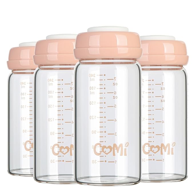 COMI Wide Neck Glass Breastmilk Collection n Storage Bottle, 8oz with Screw Ring Sealing Disk; Re-markable Sealing Disc. BPA Free, Fits Breast Pumps & Nipples (4 Pink Lids)