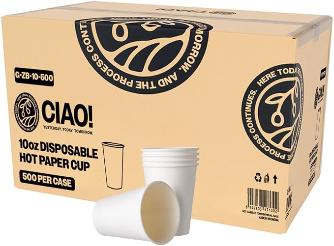 CIAO! 10oz White Paper Hot Cup, Disposable, 90mm Diameter 500 Count by Ciao
