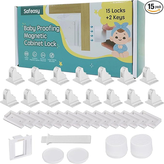 15 Pack Magnetic Cabinet Locks Baby Proofing - Safeasy Child Safety Latches for Cabinets, Drawers & Cupboards - Quick-Adhesive Installation (15 Locks + 2 Keys)