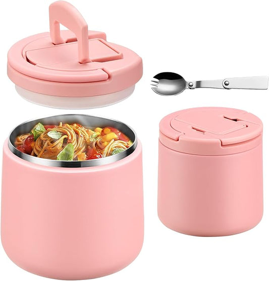 20oz Insulated Vacuum Food Jar with Buckle Lid,Soup Thermo for Hot Food Kids,Wide Mouth Leakproof Stainless Steel Lunch Container with Spoon-Pink