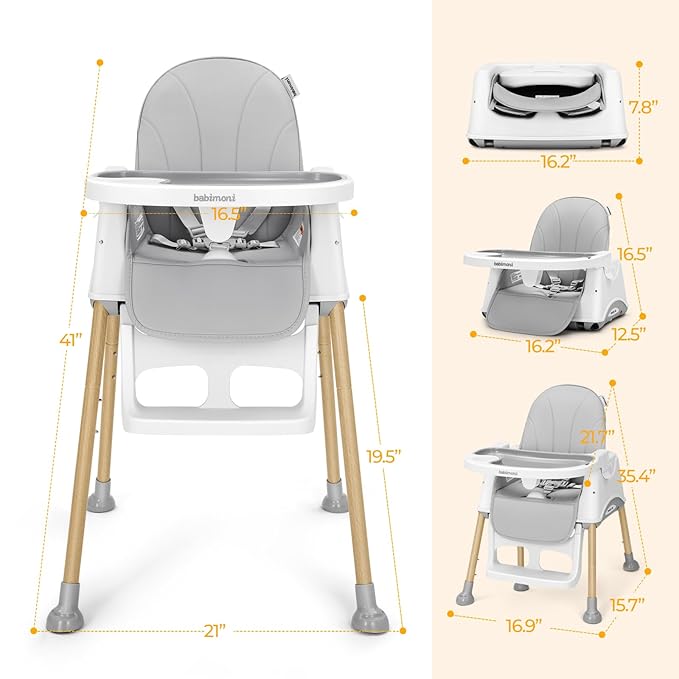 3 in 1 High Chairs for Babies and Toddlers, Convertible High Chair, High Chair with Foot Rest and Double Tray, Easy to Clean, Compact and Versatile, Perfect for Growing Kids, Gray