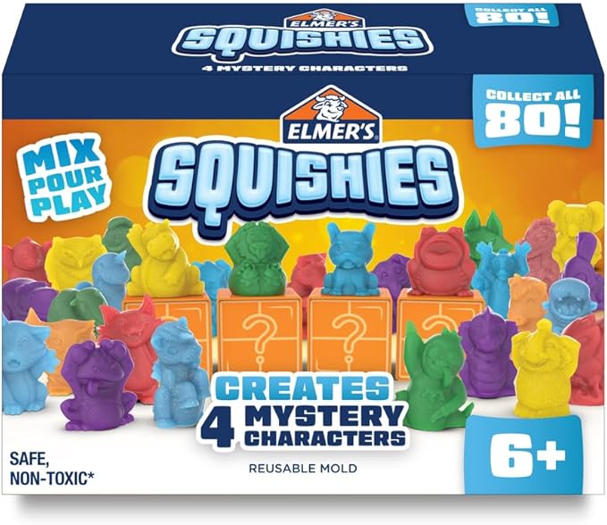Elmer's Squishies Kids’ DIY Activity Kit, Creates 4 Mystery Characters, 24 Piece Kit, for Ages 6 and Up, Perfect for Stress Relief and Sensory Play