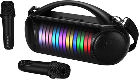 Karaoke Machine Portable Bluetooth Speaker with 2 Wireless Microphones Rechargeable Karaoke Machine for Kid and Adult Party PA Speaker Multiple LED Light Mode Support TWS/Radio/AUX/REC