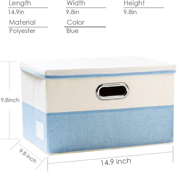 PRANDOM Collapsible Storage Bin with Lid [3-Pack] Fabric Foldable Storage Box Organizer Container Basket Cube with Cover for Home Bedroom Closet Office Nursery Blue&Cream(14.9x9.8x9.8)