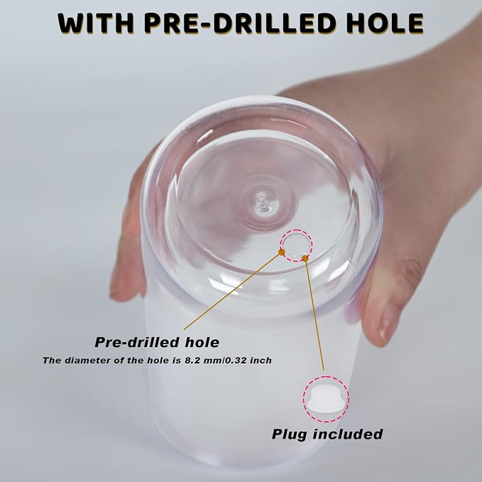 16 Oz Plastic Snowglobe Tumbler, 4 Pack Pre-Drilled Double Wall Plastic Clear - Image 3