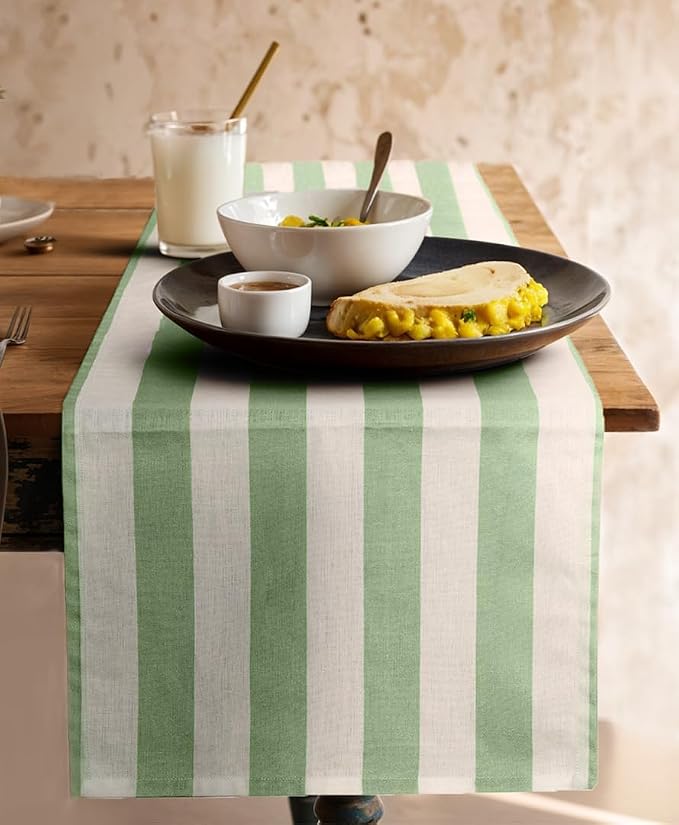 Folkulture Fall Table Runner 108 Inches Long | White & Sage Green Striped | by FOLKULTURE