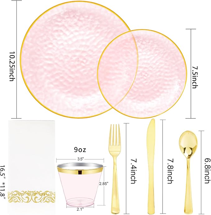 Rubtlamp 175 Pcs Pink Plastic Plates Dinnerware Set, Hammered Party Platos Set - Image 2
