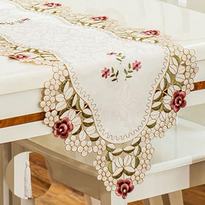 LeLehome 15 Inch X 69 Inch Classic Table Runner, Lace Flowers Embroidered Beige by LeLehome