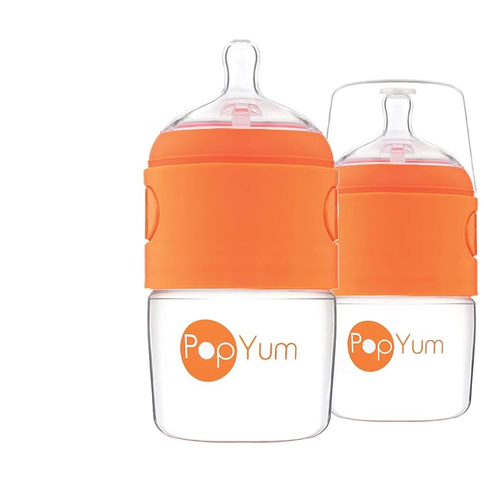 PopYum 5 oz Orange Anti-Colic Formula Making/Mixing/Dispenser Baby Bottles, 2-Pack with #1 Slow Flow Nipples, 150 ml, BPA-Free, Natural Latch