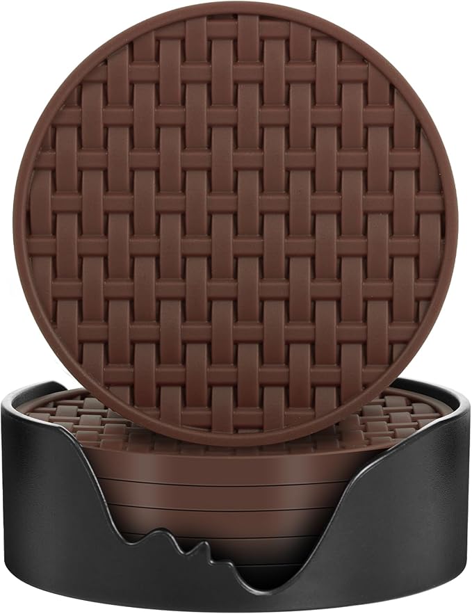 Brown Silicone Coaster with Holder Set of 6, 4 Inch Non-Slip Cup Mats | Round by Bangkee