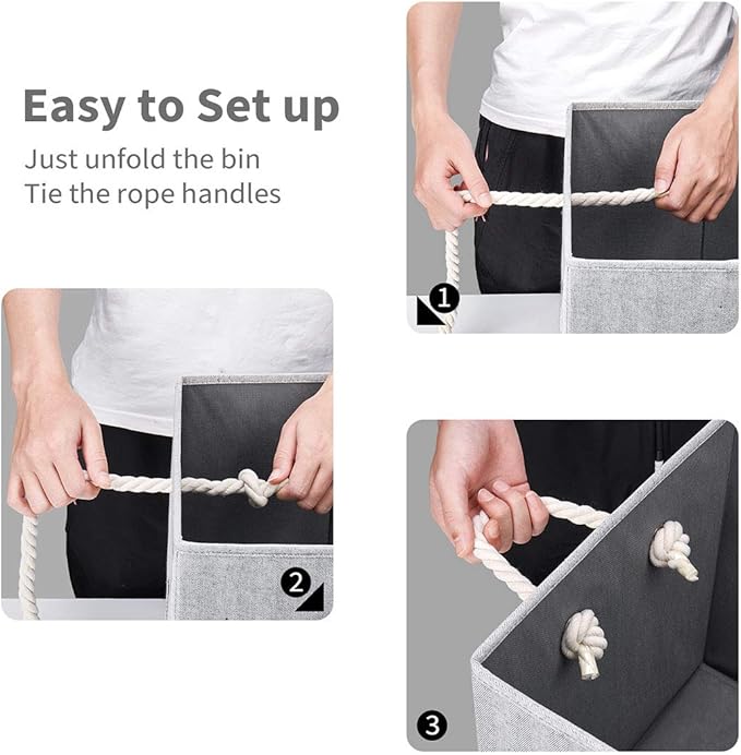 Robuy Cube Storage Bins,Grey Fabric Foldable Storage Bins,Set of 3 Stroage Boxes with Cotton Rope Handles for Organizer Home,Office, Nursery 13x13x13 inch