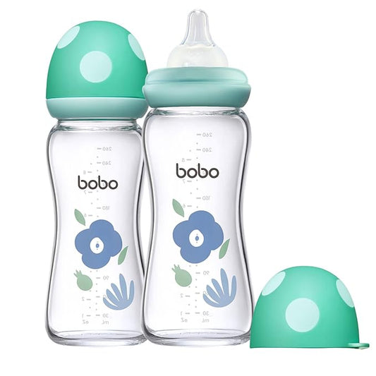 YOHKOH Natural Glass Baby Bottle with Natural Response Nipple, Newborn Anti-Colic Baby Bottles, Wide Neck Mushroom Cap Baby Bottle, Clear (Blue, (8.8oz (Pack of 2))