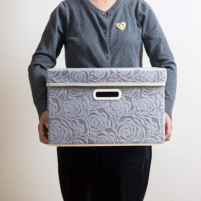 PRANDOM Foldable Storage Bins with Lids [5-Pack] Fabric Decorative Storage Box Cubes Organizer Containers Baskets with Cover Handles Divider for Bedroom Closet Living Room Grey 14.9x9.8x9.8 Inch