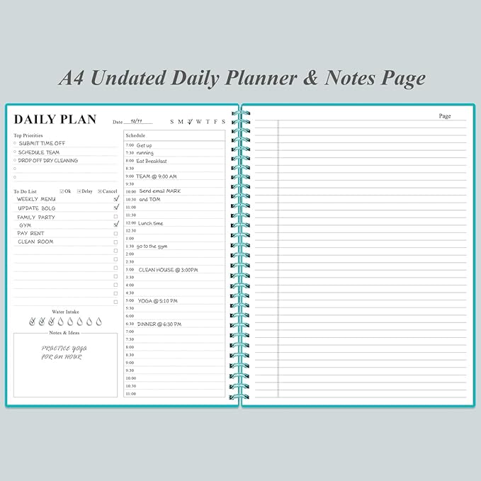 Daily Planner Undated - A4 To Do List Notebook Hourly Schedules, Spiral Appointment Planner for Women and Men,PVC Hardcover, Inner Pocket, Elastic Closure, 8.5" x 11", Teal