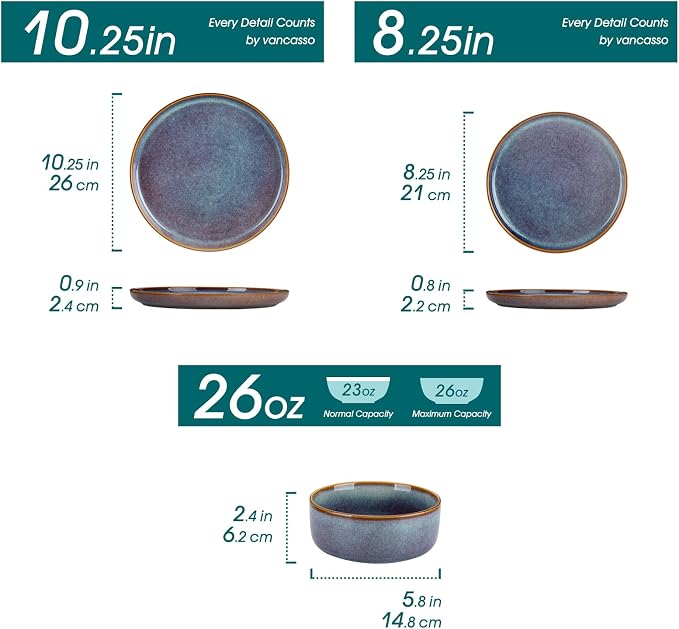 vancasso PLAYA Plates and Bowls Sets, 12 Pieces Grey-Blue Dinnerware Sets - Image 2