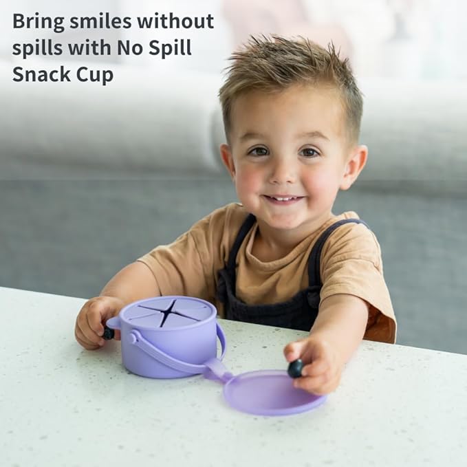 Silicone No Spill Snack Cups for Toddlers – Portable Baby Snack Cup Containers with Dustproof Lid – Dishwasher-Friendly Toddler Spill Proof Cups Without BPA, Lead, or Phthalates – Beige and Green