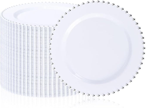 100Pcs White Plastic Dinner Plates Beaded Silver Plastic Plate Set | Heavy Duty by supernal