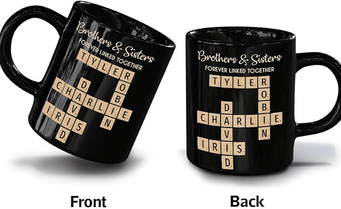 Family Puzzle Mug - Brothers & Sisters Forever Linked Together - Personalized For Family, Sister, Brother, Siblings - Scrabble Coffee Mug - Gifts For Christmas, Birthday, Anniversary