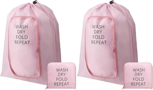 2 Pcs Travel Laundry Bag Washable Dirty Clothes Bag with Drawstring and Zipper for Suitcase, 22 x 18 Inch (Pink,Classic)