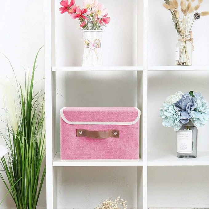 Lucky Monet Storage Bins Boxes with Lids 2 Pack Decorative Storage Boxes Collapsible Fabric Storage Basket Containers Lidded Storage Cube for Organizing Closet Home Office, 10"x 8"x 7" (Pink)