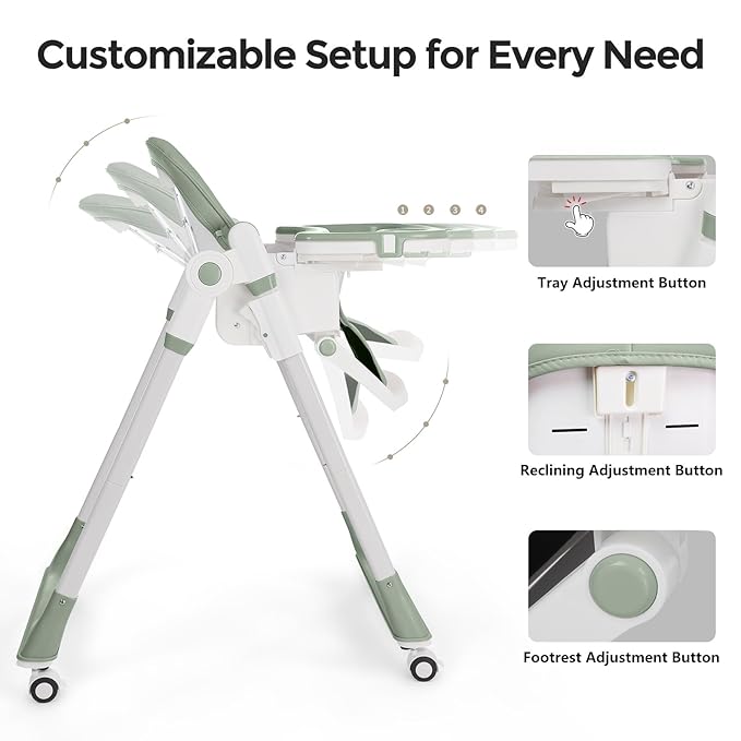 3-in-1 Foldable High Chair for Babies & Toddlers – Adjustable Height, Reclining Seat, 5-Point Safety Harness, Removable Tray, Lockable Wheels, Washable Cushion – Portable & Easy Clean, Green