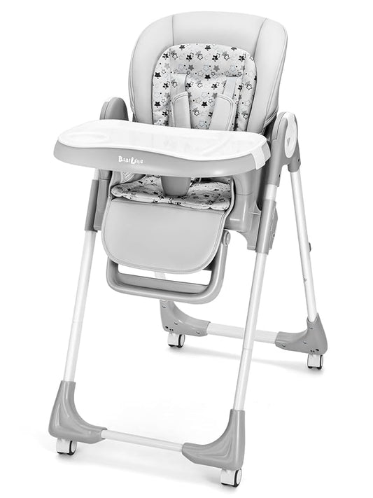 Foldable High Chair with Soft Cushion, High Chairs for Babies and Toddlers, Height Adjustable Feeding Chair, Adjustable Backrest and Footrest, Lockable Wheels, Star Gray