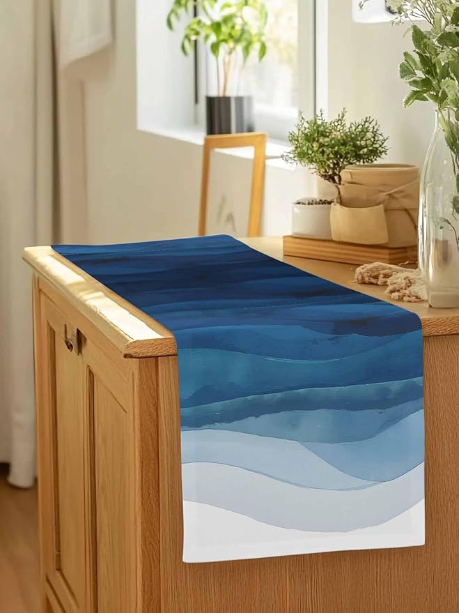 Navy Blue Ombre Table Runners 108 Inches Long, Abstract Modern Stripe Table - Image 7